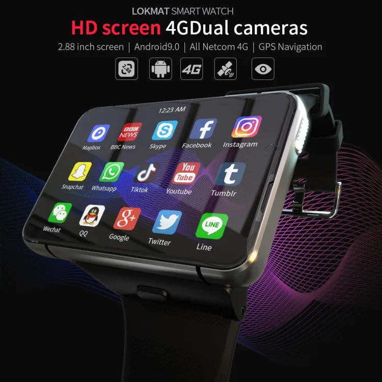 Montre connectée LOKMAT APPLLP Max 4G Call, écran 2,88 pouces, processeur quadricœur MTK6761, 4 Go de RAM + 64 Go de stockage, Android 9.0, GPS, capteur de fréquence cardiaque