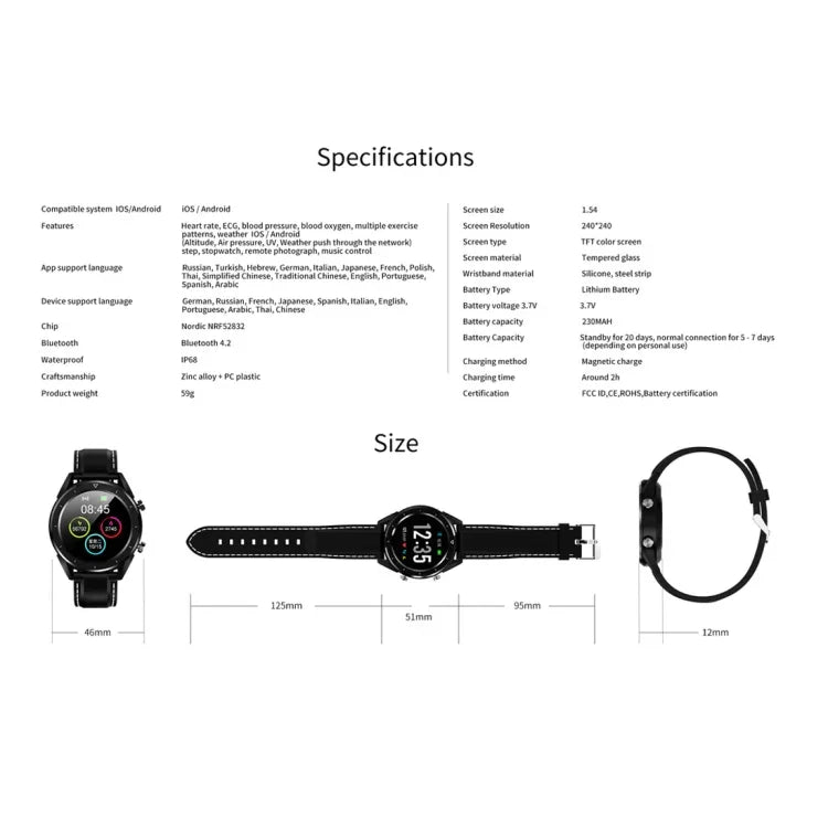 Montre connectée DT28 de 1,54 pouce, étanche IP68, bracelet en silicone, Bluetooth 4.2, notifications d'appels entrants, surveillance de la pression artérielle et paiement sans contact.
