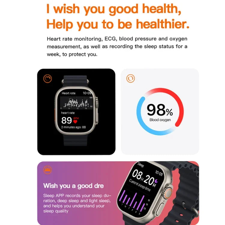 Montre connectée T800 Ultra avec bracelet en silicone de 1,99 pouce, compatible avec la fréquence cardiaque et l'ECG.