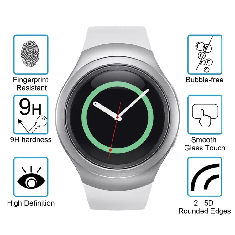 Lot de 2 films de protection d'écran en verre trempé anti-explosion ENKAY Hat-Prince pour montre connectée Samsung Gear S2 : épaisseur 0,2 mm, dureté de surface 9H, diamètre 2,15D.