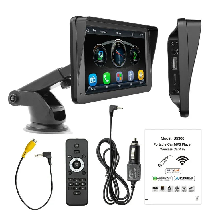 B5300 Lecteur MP5 Bluetooth de voiture sans fil CarPlay de 7 pouces, prend en charge l'interconnexion de téléphone portable avec télécommande, B5300 avec télécommande