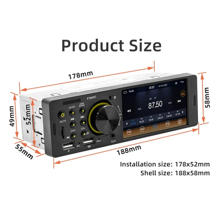 Autoradio MP5 de 4 pouces, 800x480P, compatible FM, Bluetooth et carte SD avec télécommande, F7805C