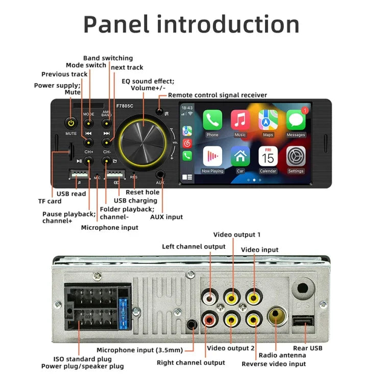 Autoradio MP5 de 4 pouces, 800x480P, compatible FM, Bluetooth et carte SD avec télécommande, F7805C