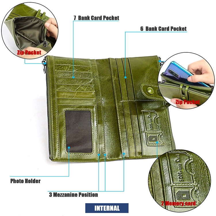 3520 Long Cowhide Leather Folding Anti-magnetic RFID Wallet for Ladies, with Card Slots, 3520 Red, 3520 Yellowish-brown, 3520 Black, 3520 Coffee, 3520 Blue