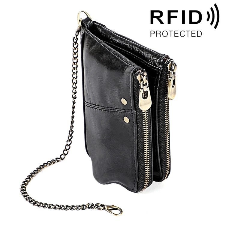 LT3533 Portefeuille pliable anti-RFID en cuir de vachette à texture Crazy Horse longue pour hommes, avec emplacements pour cartes et bandoulière, LT3533 Brun jaunâtre, LT3533 Noir, LT3533 Café, LT3533 Bleu, LT3533 Rouge