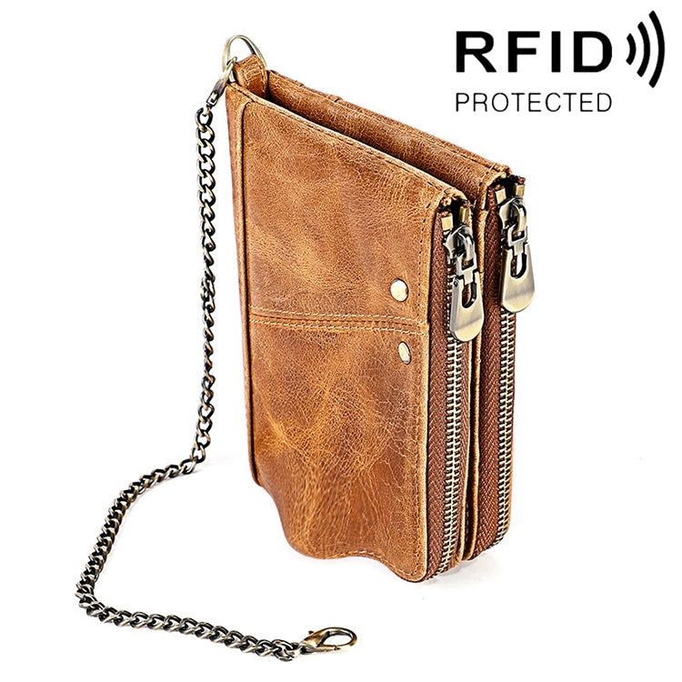 LT3533 Portefeuille pliable anti-RFID en cuir de vachette à texture Crazy Horse longue pour hommes, avec emplacements pour cartes et bandoulière, LT3533 Brun jaunâtre, LT3533 Noir, LT3533 Café, LT3533 Bleu, LT3533 Rouge