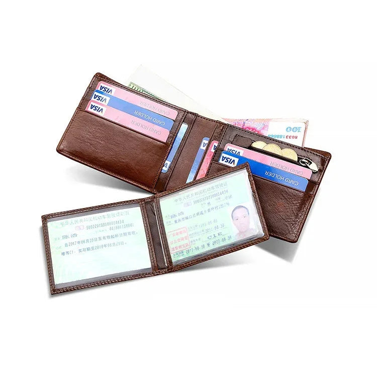 Portefeuille rétro en cuir de vachette avec plusieurs emplacements pour cartes pour hommes, avec porte-cartes amovible, 8016