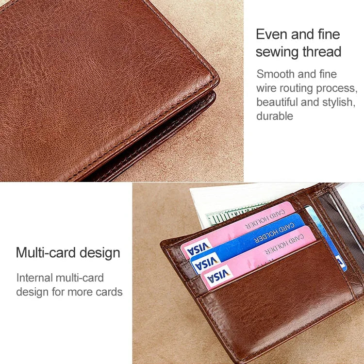 Portefeuille rétro en cuir de vachette avec plusieurs emplacements pour cartes pour hommes, avec porte-cartes amovible, 8016