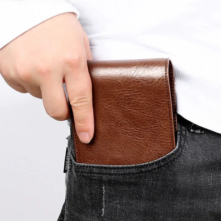 Portefeuille rétro en cuir de vachette avec plusieurs emplacements pour cartes pour hommes, avec porte-cartes amovible, 8016