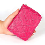 KB213 Portefeuille Pochette en cuir de vachette texturé diamant à fermeture éclair, double rangée, forme d'orgue, multiples fentes pour cartes, anti-RFID pour femmes, KB213 Bleu, KB213 Rose Clair, KB213 Rose Rouge, KB213 Noir, KB213 Rose