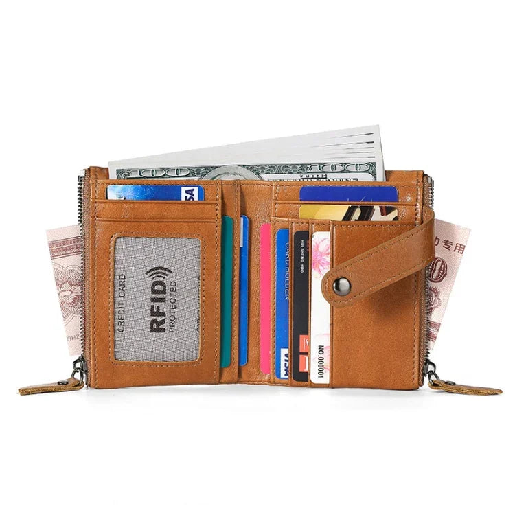 Portefeuille rétro multifonction en cuir de vachette TP-196 avec multiples emplacements pour cartes et double fermeture éclair RFID