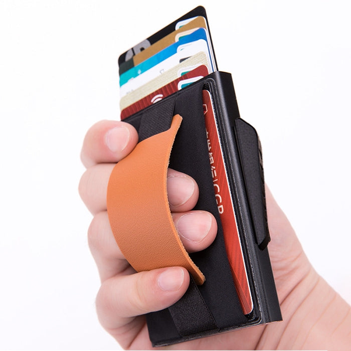 Carte automatique à clapet X-32C Type anti-magnétique RFID anti-vol Homme Alliage d'aluminium B Bouton cadran Sac élastique Portefeuille avec sangle en cuir PU, Bouton cadran B X-32C Bleu, Bouton cadran B X-32C Noir, Bouton cadran B X-32C Gris