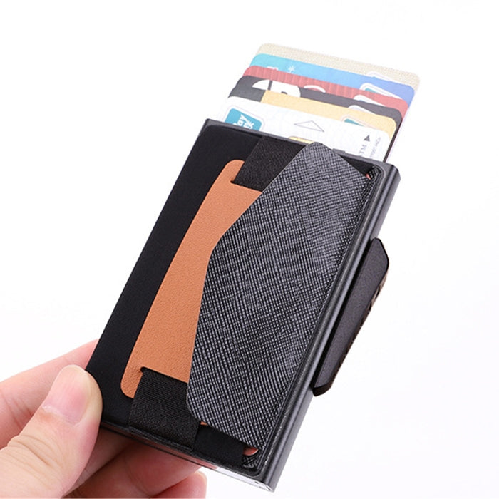 Carte automatique à clapet X-32C Type anti-magnétique RFID anti-vol Homme Alliage d'aluminium B Bouton cadran Sac élastique Portefeuille avec sangle en cuir PU, Bouton cadran B X-32C Bleu, Bouton cadran B X-32C Noir, Bouton cadran B X-32C Gris
