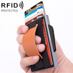 Carte automatique à clapet X-32C Type anti-magnétique RFID anti-vol Homme Alliage d'aluminium B Bouton cadran Sac élastique Portefeuille avec sangle en cuir PU, Bouton cadran B X-32C Bleu, Bouton cadran B X-32C Noir, Bouton cadran B X-32C Gris