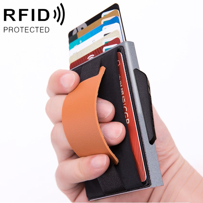 Carte automatique à clapet X-32C Type anti-magnétique RFID anti-vol Homme Alliage d'aluminium B Bouton cadran Sac élastique Portefeuille avec sangle en cuir PU, Bouton cadran B X-32C Bleu, Bouton cadran B X-32C Noir, Bouton cadran B X-32C Gris
