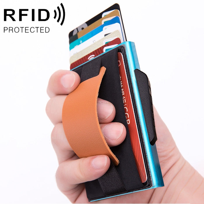 Carte automatique à clapet X-32C Type anti-magnétique RFID anti-vol Homme Alliage d'aluminium B Bouton cadran Sac élastique Portefeuille avec sangle en cuir PU, Bouton cadran B X-32C Bleu, Bouton cadran B X-32C Noir, Bouton cadran B X-32C Gris
