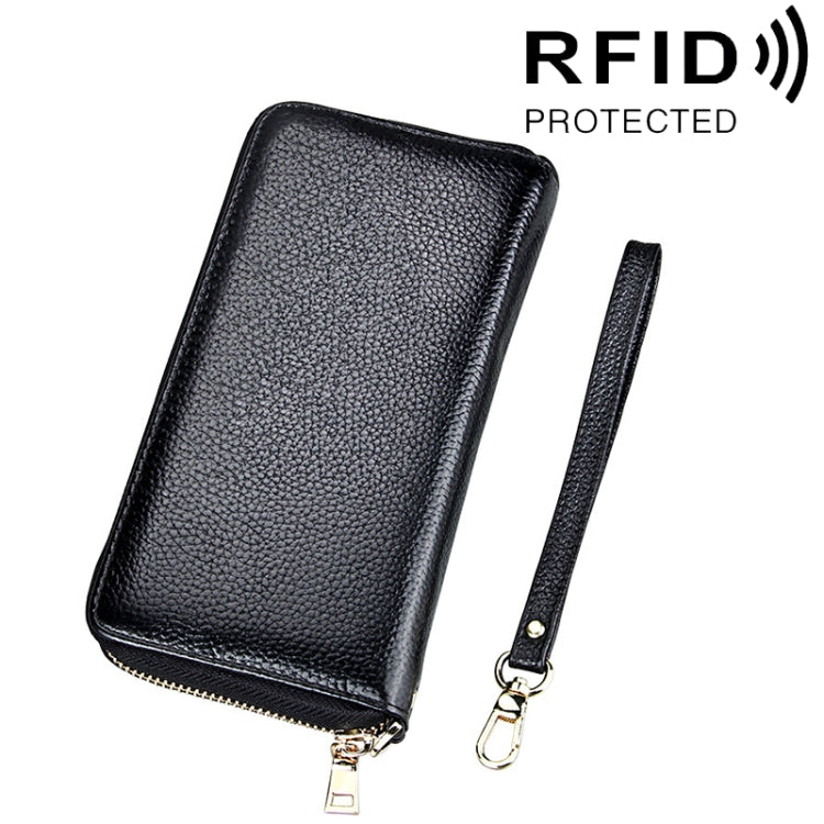Porte-cartes portefeuille long en cuir de vachette véritable à texture litchi avec fermeture éclair, protection RFID, porte-monnaie, étui à cartes avec sangle pour femme, Taille : 20*10,5*3cm