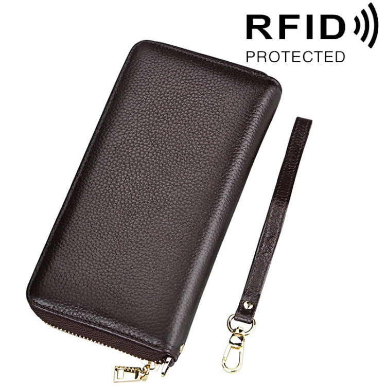Porte-cartes portefeuille long en cuir de vachette véritable à texture litchi avec fermeture éclair, protection RFID, porte-monnaie, étui à cartes avec sangle pour femme, Taille : 20*10,5*3cm