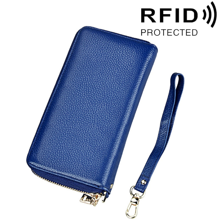 Porte-cartes portefeuille long en cuir de vachette véritable à texture litchi avec fermeture éclair, protection RFID, porte-monnaie, étui à cartes avec sangle pour femme, Taille : 20*10,5*3cm
