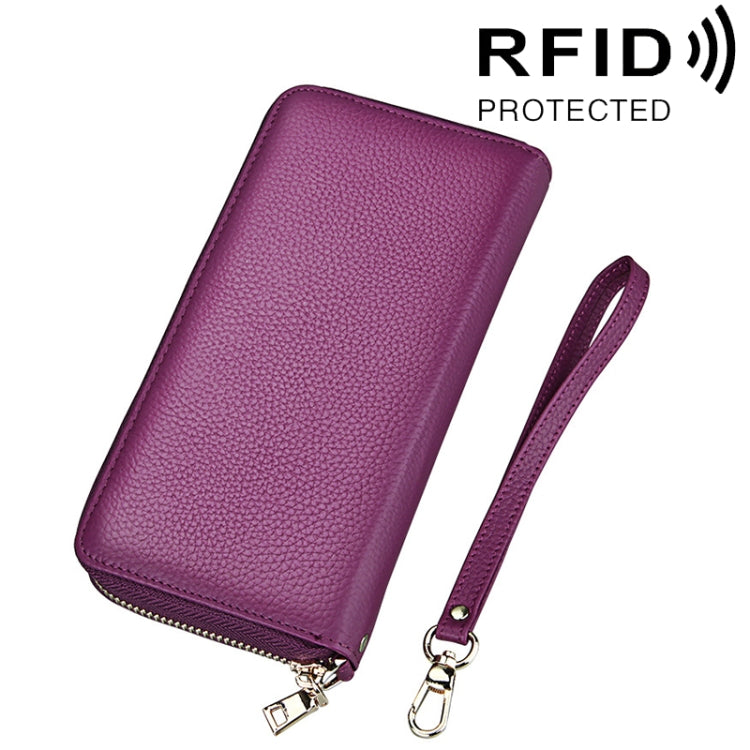 Porte-cartes portefeuille long en cuir de vachette véritable à texture litchi avec fermeture éclair, protection RFID, porte-monnaie, étui à cartes avec sangle pour femme, Taille : 20*10,5*3cm