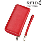 Porte-cartes portefeuille long en cuir de vachette véritable à texture litchi avec fermeture éclair, protection RFID, porte-monnaie, étui à cartes avec sangle pour femme, Taille : 20*10,5*3cm