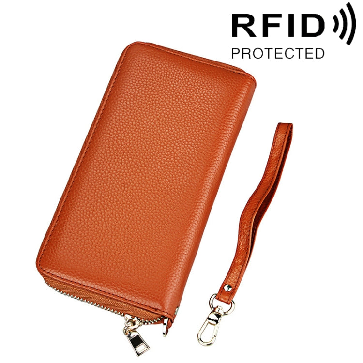 Porte-cartes portefeuille long en cuir de vachette véritable à texture litchi avec fermeture éclair, protection RFID, porte-monnaie, étui à cartes avec sangle pour femme, Taille : 20*10,5*3cm