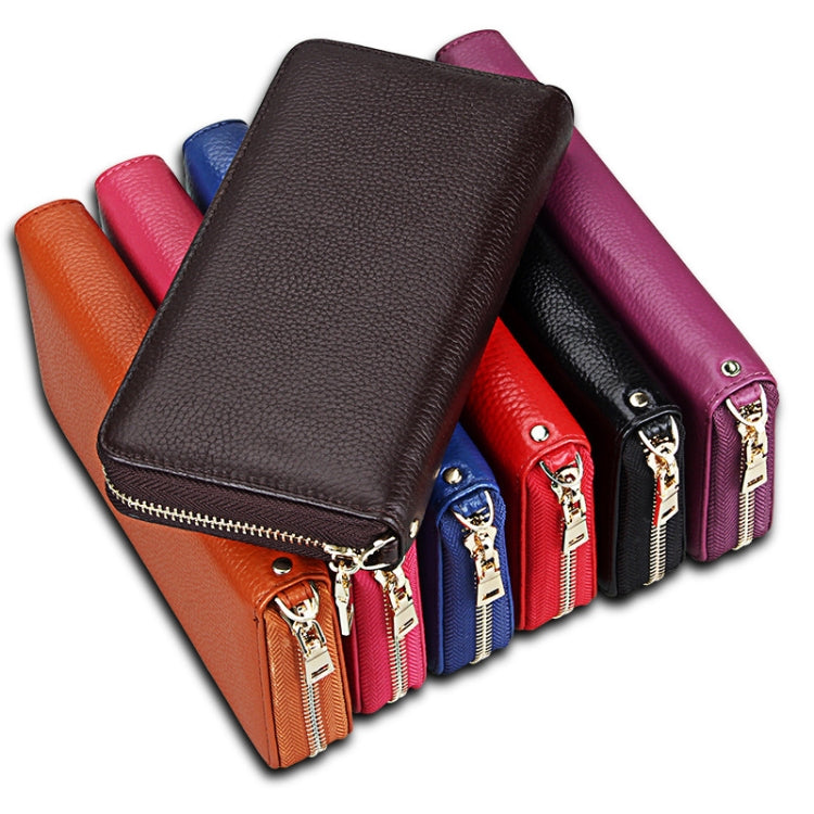 Porte-cartes portefeuille long en cuir de vachette véritable à texture litchi avec fermeture éclair, protection RFID, porte-monnaie, étui à cartes avec sangle pour femme, Taille : 20*10,5*3cm