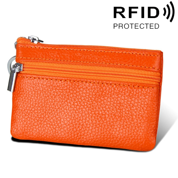 Portefeuille Porte-cartes Horizontal en Cuir de Vachette avec Fermeture Éclair Couleur Unie, Protection RFID, Porte-monnaie, Taille : 11.4*7.4cm