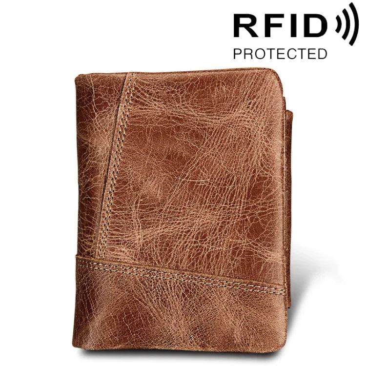Portefeuille Porte-cartes Court à 3 Volets en Cuir Véritable Texture Crazy Horse avec Fermeture Éclair, Protection RFID, Porte-monnaie, Taille : 12*9.5*4cm (Taupe), 3585