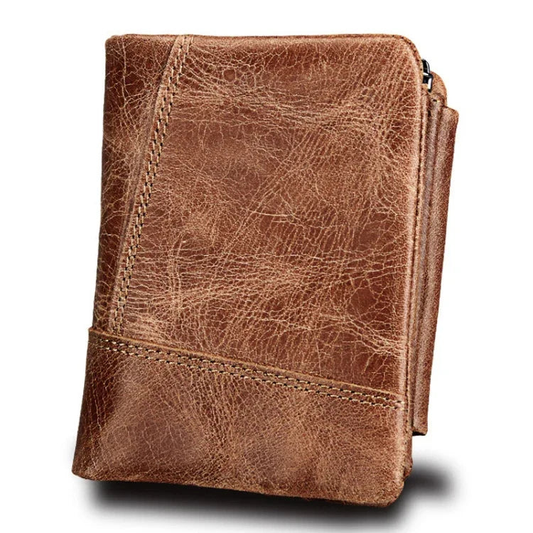 Portefeuille Porte-cartes Court à 3 Volets en Cuir Véritable Texture Crazy Horse avec Fermeture Éclair, Protection RFID, Porte-monnaie, Taille : 12*9.5*4cm (Taupe), 3585
