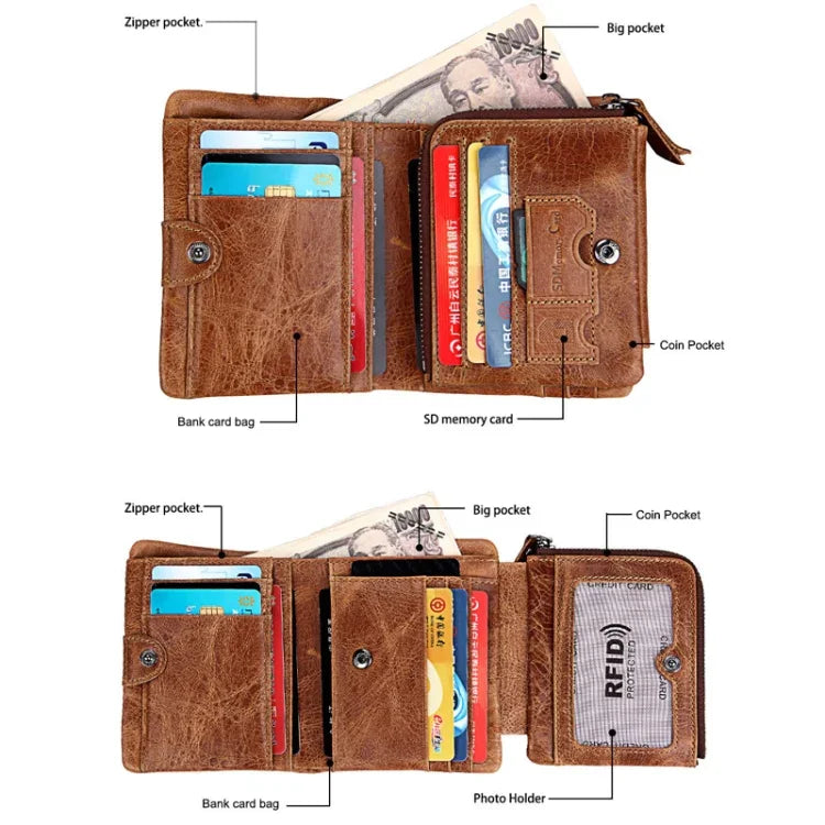 Portefeuille Porte-cartes Court à 3 Volets en Cuir Véritable Texture Crazy Horse avec Fermeture Éclair, Protection RFID, Porte-monnaie, Taille : 12*9.5*4cm (Taupe), 3585