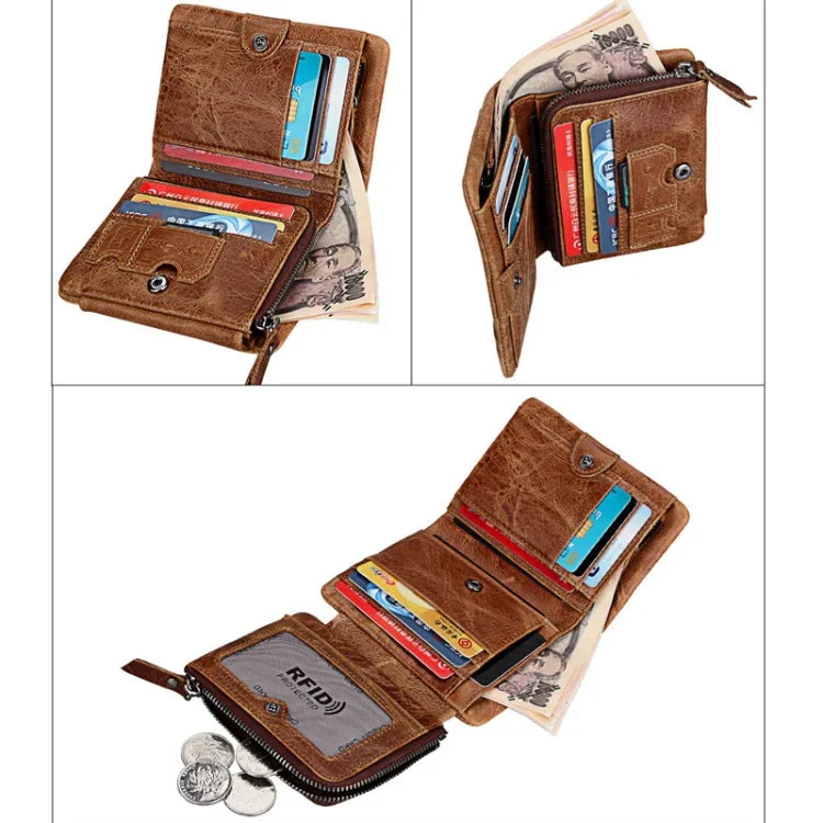 Portefeuille Porte-cartes Court à 3 Volets en Cuir Véritable Texture Crazy Horse avec Fermeture Éclair, Protection RFID, Porte-monnaie, Taille : 12*9.5*4cm (Taupe), 3585