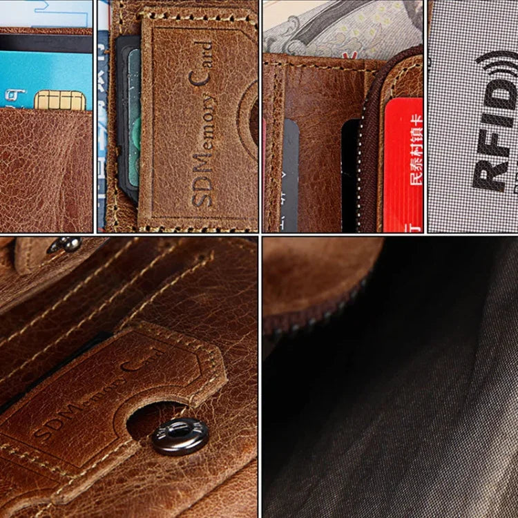 Portefeuille Porte-cartes Court à 3 Volets en Cuir Véritable Texture Crazy Horse avec Fermeture Éclair, Protection RFID, Porte-monnaie, Taille : 12*9.5*4cm (Taupe), 3585