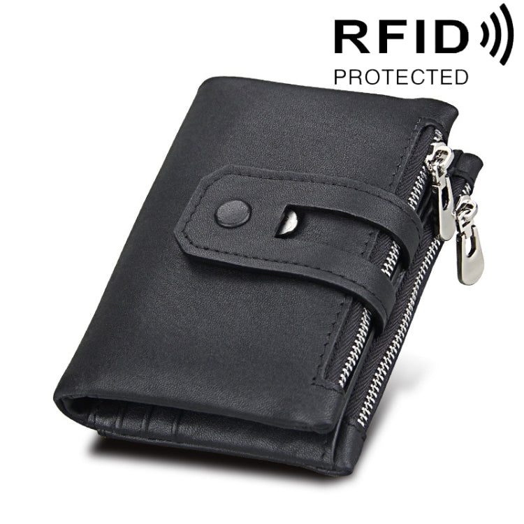 Portefeuille porte-cartes 3 volets en cuir véritable de vachette texture Crazy Horse avec fermeture éclair, blocage RFID, porte-monnaie, étui de protection pour hommes, taille : 12 x 9,5 x 3,5 cm