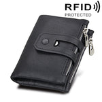Portefeuille porte-cartes 3 volets en cuir véritable de vachette texture Crazy Horse avec fermeture éclair, blocage RFID, porte-monnaie, étui de protection pour hommes, taille : 12 x 9,5 x 3,5 cm