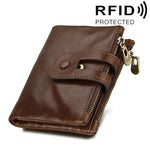 Portefeuille porte-cartes 3 volets en cuir véritable de vachette texture Crazy Horse avec fermeture éclair, blocage RFID, porte-monnaie, étui de protection pour hommes, taille : 12 x 9,5 x 3,5 cm