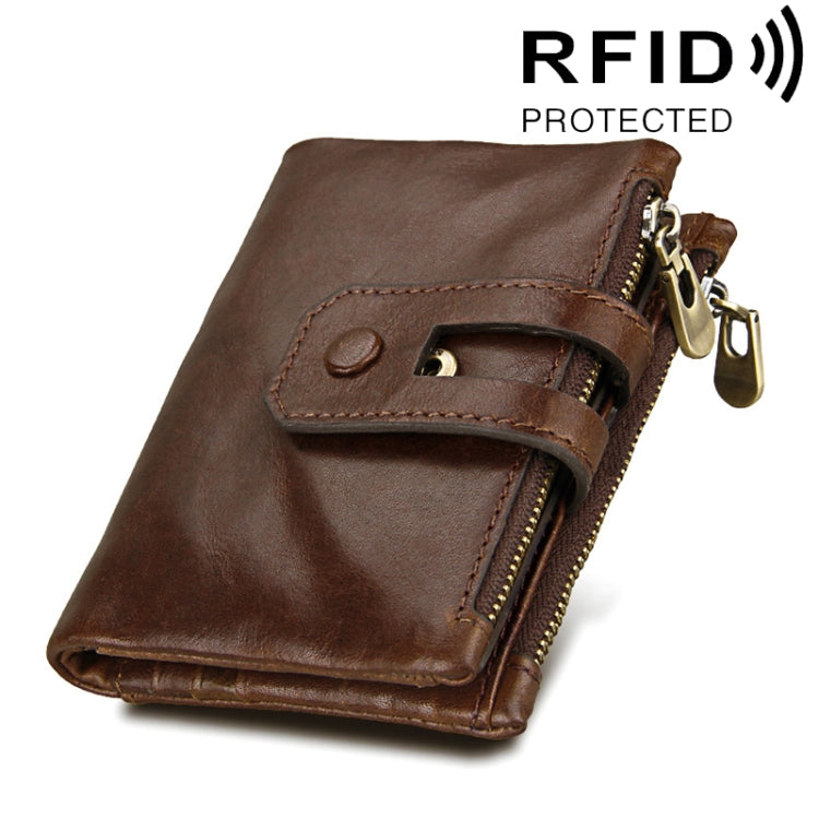 Portefeuille porte-cartes 3 volets en cuir véritable de vachette texture Crazy Horse avec fermeture éclair, blocage RFID, porte-monnaie, étui de protection pour hommes, taille : 12 x 9,5 x 3,5 cm