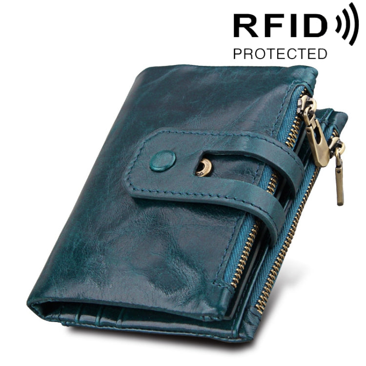 Portefeuille porte-cartes 3 volets en cuir véritable de vachette texture Crazy Horse avec fermeture éclair, blocage RFID, porte-monnaie, étui de protection pour hommes, taille : 12 x 9,5 x 3,5 cm