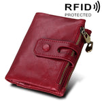 Portefeuille porte-cartes 3 volets en cuir véritable de vachette texture Crazy Horse avec fermeture éclair, blocage RFID, porte-monnaie, étui de protection pour hommes, taille : 12 x 9,5 x 3,5 cm
