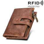 Portefeuille porte-cartes 3 volets en cuir véritable de vachette texture Crazy Horse avec fermeture éclair, blocage RFID, porte-monnaie, étui de protection pour hommes, taille : 12 x 9,5 x 3,5 cm
