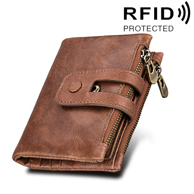 Portefeuille porte-cartes 3 volets en cuir véritable de vachette texture Crazy Horse avec fermeture éclair, blocage RFID, porte-monnaie, étui de protection pour hommes, taille : 12 x 9,5 x 3,5 cm