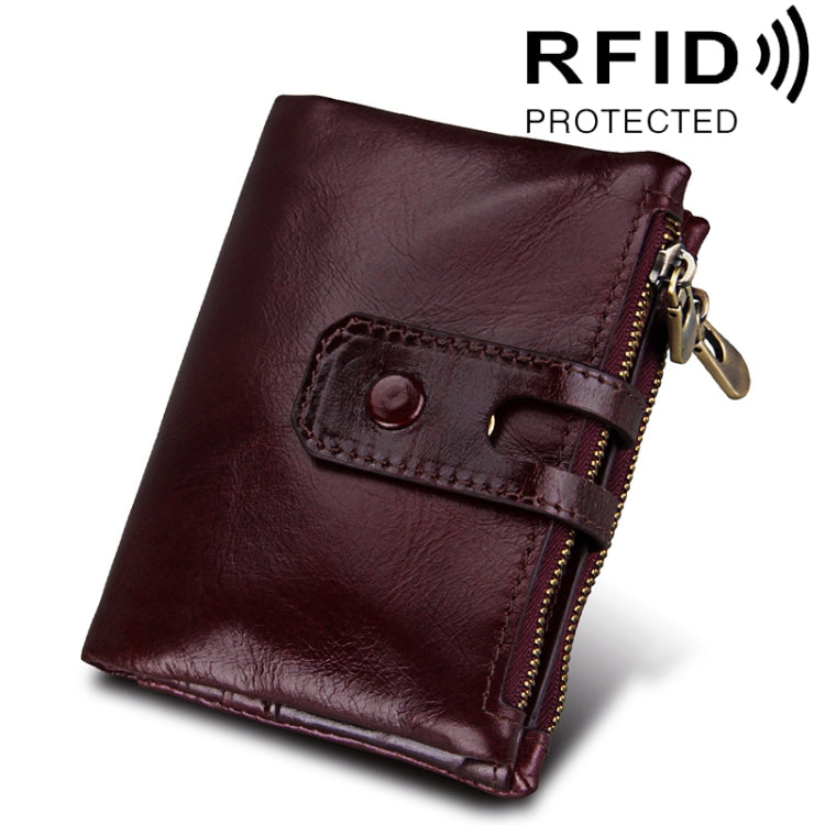 Portefeuille porte-cartes 3 volets en cuir véritable de vachette texture Crazy Horse avec fermeture éclair, blocage RFID, porte-monnaie, étui de protection pour hommes, taille : 12 x 9,5 x 3,5 cm
