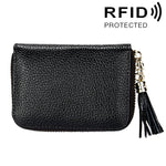 Porte-cartes portefeuille en cuir de vache véritable couleur unie avec fermeture éclair, protection RFID, porte-cartes, porte-monnaie avec pendentif à pompon & 15 emplacements pour cartes pour femmes, Taille : 11,1*7,6*3,5cm
