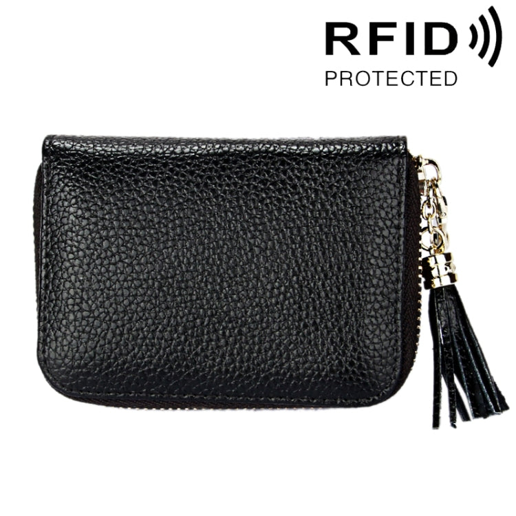 Porte-cartes portefeuille en cuir de vache véritable couleur unie avec fermeture éclair, protection RFID, porte-cartes, porte-monnaie avec pendentif à pompon & 15 emplacements pour cartes pour femmes, Taille : 11,1*7,6*3,5cm
