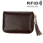 Porte-cartes portefeuille en cuir de vache véritable couleur unie avec fermeture éclair, protection RFID, porte-cartes, porte-monnaie avec pendentif à pompon & 15 emplacements pour cartes pour femmes, Taille : 11,1*7,6*3,5cm