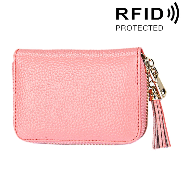Porte-cartes portefeuille en cuir de vache véritable couleur unie avec fermeture éclair, protection RFID, porte-cartes, porte-monnaie avec pendentif à pompon & 15 emplacements pour cartes pour femmes, Taille : 11,1*7,6*3,5cm