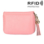 Porte-cartes portefeuille en cuir de vache véritable couleur unie avec fermeture éclair, protection RFID, porte-cartes, porte-monnaie avec pendentif à pompon & 15 emplacements pour cartes pour femmes, Taille : 11,1*7,6*3,5cm