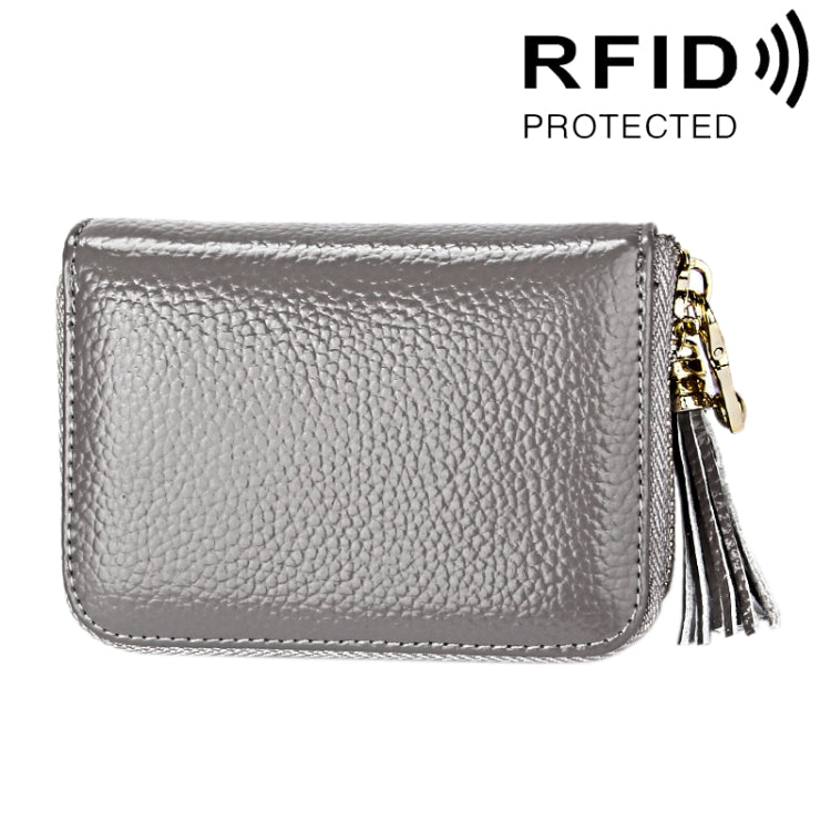 Porte-cartes portefeuille en cuir de vache véritable couleur unie avec fermeture éclair, protection RFID, porte-cartes, porte-monnaie avec pendentif à pompon & 15 emplacements pour cartes pour femmes, Taille : 11,1*7,6*3,5cm