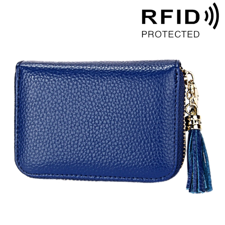 Porte-cartes portefeuille en cuir de vache véritable couleur unie avec fermeture éclair, protection RFID, porte-cartes, porte-monnaie avec pendentif à pompon & 15 emplacements pour cartes pour femmes, Taille : 11,1*7,6*3,5cm