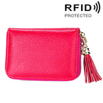 Porte-cartes portefeuille en cuir de vache véritable couleur unie avec fermeture éclair, protection RFID, porte-cartes, porte-monnaie avec pendentif à pompon & 15 emplacements pour cartes pour femmes, Taille : 11,1*7,6*3,5cm